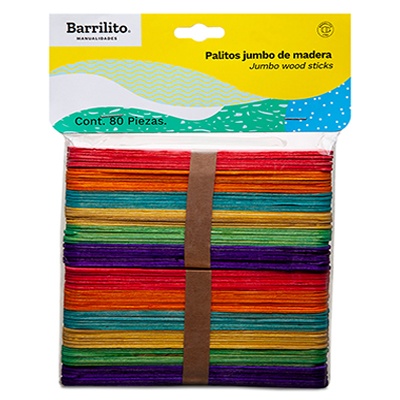 PALITOS JUMBO DE MADERA CON 80 PIEZAS DE DIFERENTES COLORES BARRILITO