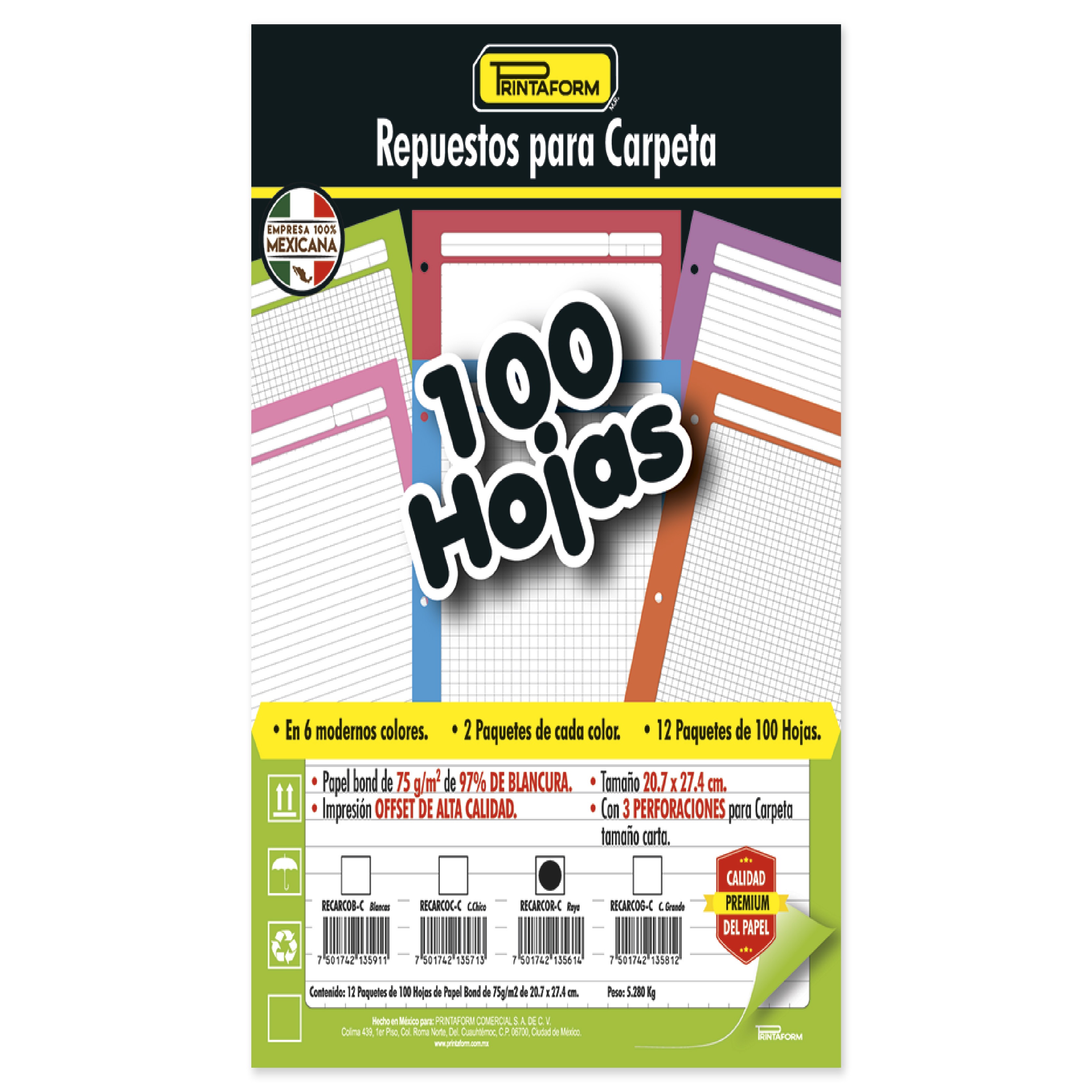 PAQUETE DE HOJAS P/CARPETA DE ARGOLLAS T/C C/100 HJS. MC. PRINTAFORM RAYAS