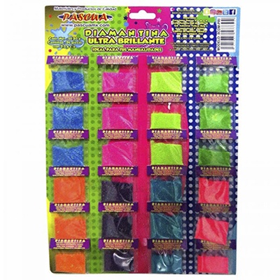 EXHIBIDOR DE DIAMANTINA COLORES CON 24 SOBRES PASCUA