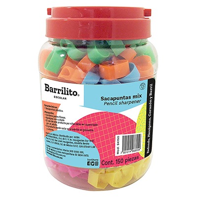 BOTE DE SACAPUNTAS DE PLASTICO COLORES SURTIDOS CON 150 PIEZAS BARRILITO