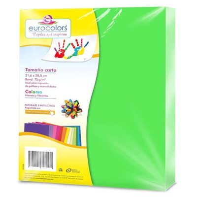 PAQUETE DE PAPEL TAMAÑO CARTA COLOR VERDE NEÓN CON 100 HOJAS EUROCOLOR