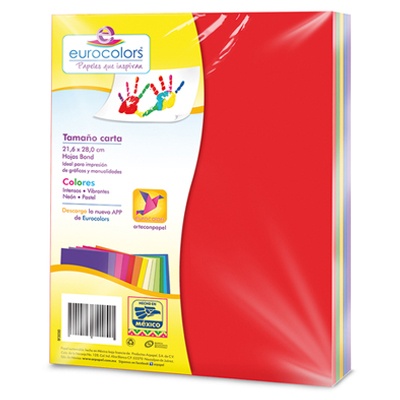 PAQUETE DE PAPEL TAMAÑO CARTA ARCOIRIS DE COLORES INTENSOS 100 HOJAS EUROCOLOR