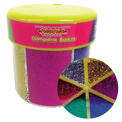 FRASCO DE DIAMANTINA CON 6 COLORES SURTIDOS DE 60 GRS PASCUA