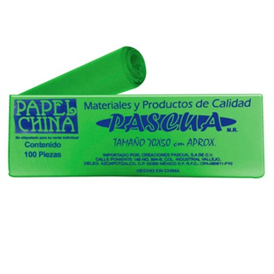CIENTO DE PAPEL CHINA COLOR VERDE LIMON DE 50 X 70 CMS. PASCUA