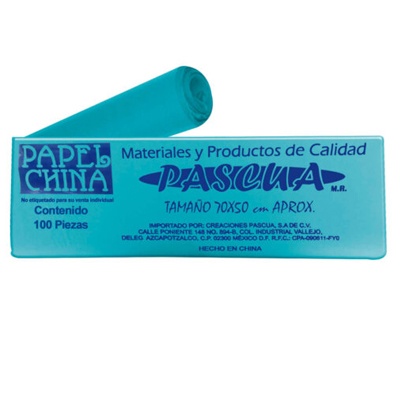 CIENTO DE PAPEL CHINA COLOR AZUL TURQUESA DE 50 X 70 CMS PASCUA