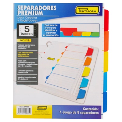 SEPARADORES TAMAÑO CARTA DE 5 PESTAÑAS PRINTAFORM