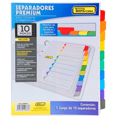 SEPARADORES TAMAÑO CARTA DE 10 PESTAÑAS PRINTAFORM