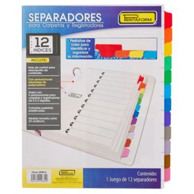 SEPARADORES TAMAÑO CARTA DE 12 PESTAÑAS PRINTAFORM