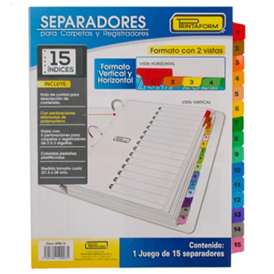 SEPARADORES TAMAÑO CARTA DE 15 PESTAÑAS PRINTAFORM
