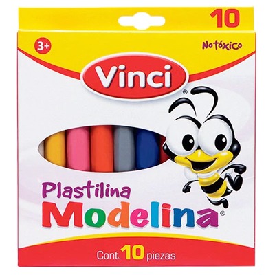 CAJA DE PLASTILINA ESCOLAR MODELINA CON 10 BARRITAS DE DIFERENTES COLORES VINCI