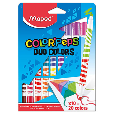 Plumones de colores duo Maped con 10 pie Bolsa con 10 plumones duo (20  colores diferentes), punta media bloqueada de 4.75 mm, ultra lavables,  larga duración, decorado tipo cebra zas colorpeps duo colors 3154148470106