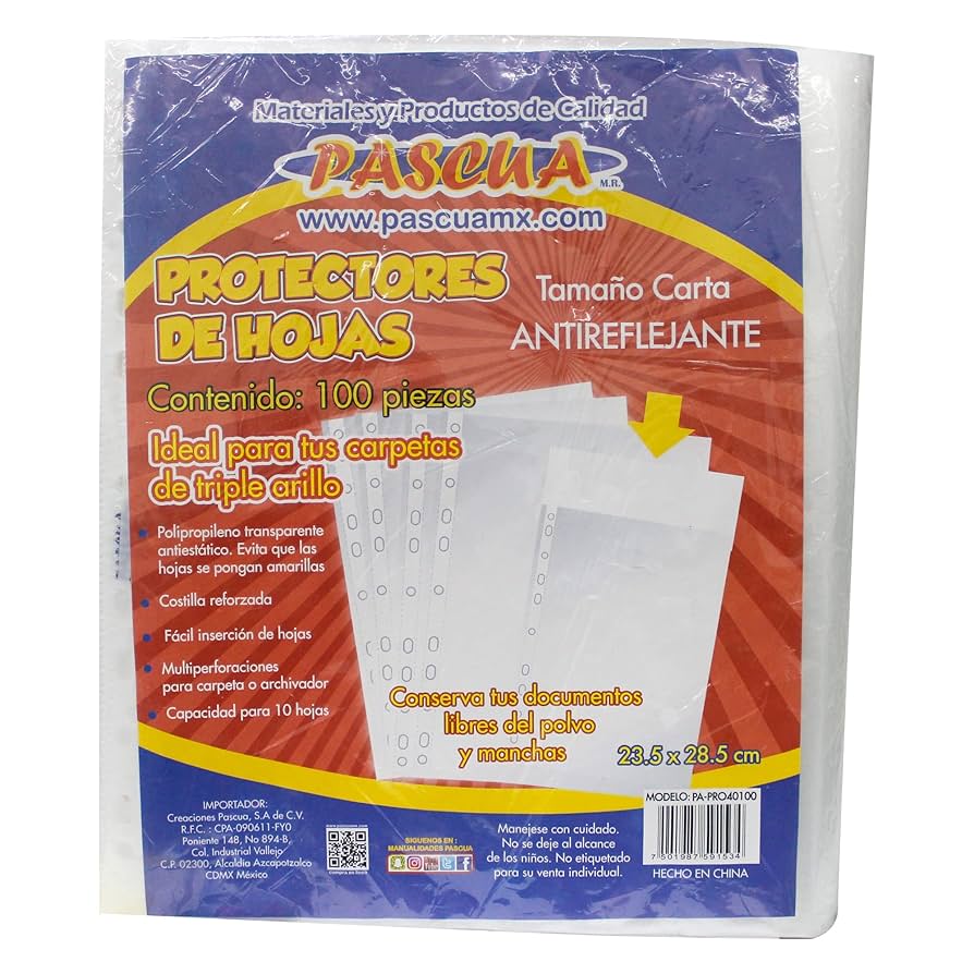BOLSA CON 100 PROTECTORES  DE HOJAS T/ CARTA TRANSPARECTE GRUESO MOD. PA-PRO40TRA MC. PASCUA 2023